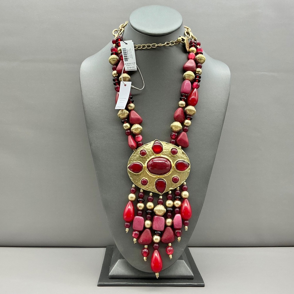 Chico's Necklace Statement Red Beaded Medallion Fringe Gold Tone Limited Edition